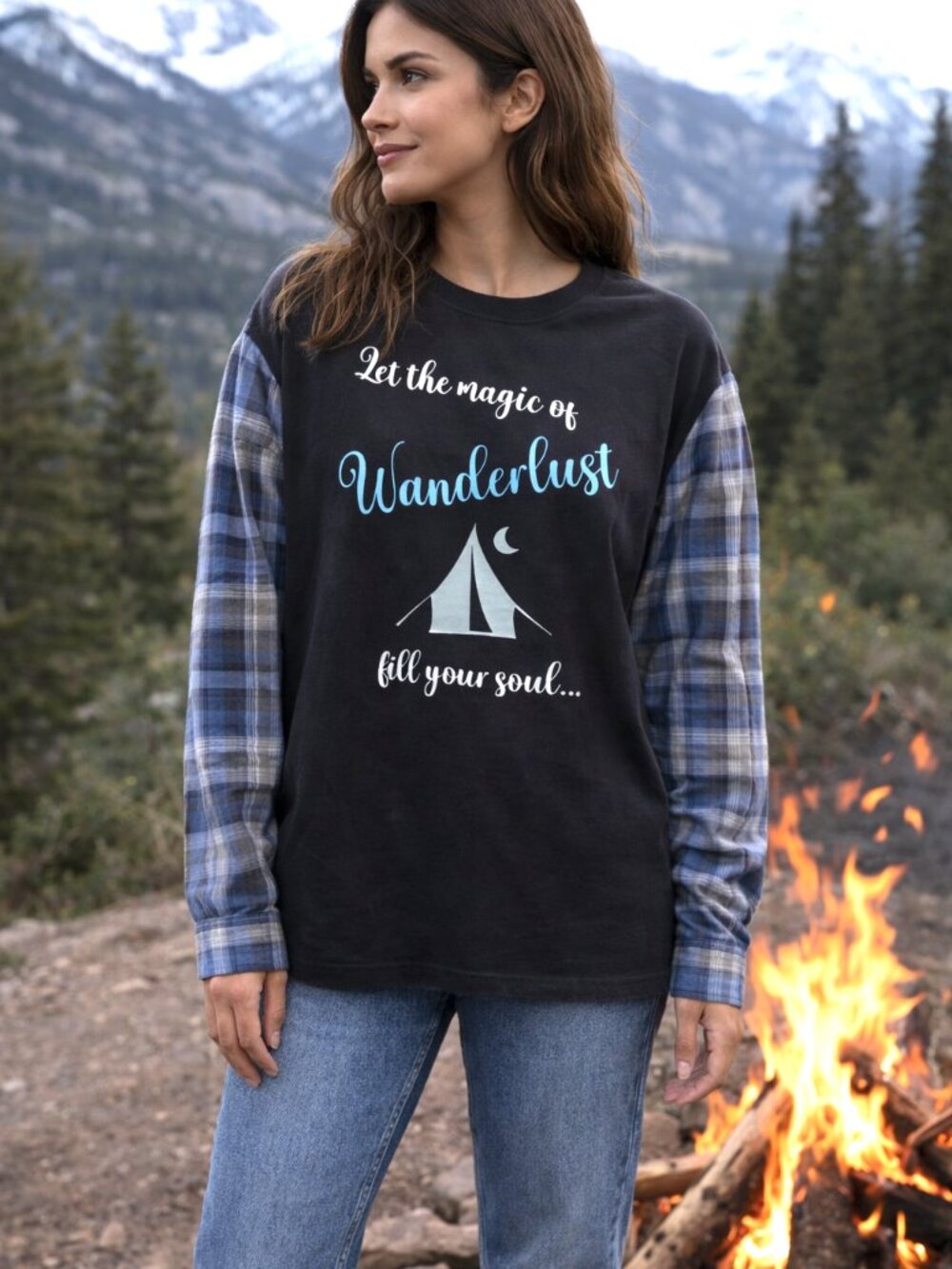 Reworked Flannel Shirt Upcycled Oversized Wanderlust Travel Graphics Size L-XL